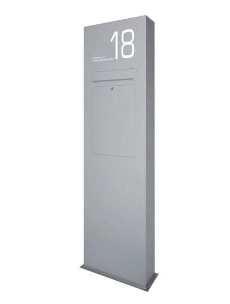 Stele aus Edelstahl mit Briefkasten und Hausnummergravur 